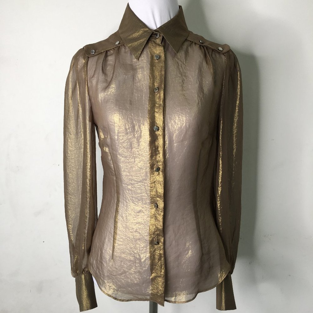 Karen Millen Sheer Metallic Brown Blouse Button Down Size 4